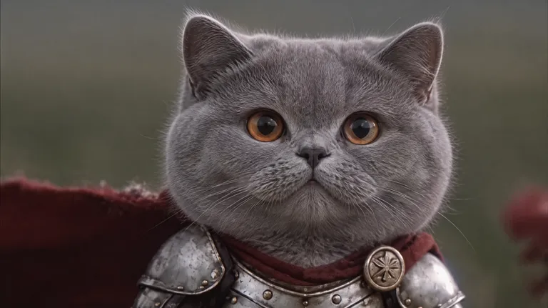 British Shorthair as a knight cat in silver armor and a red cape