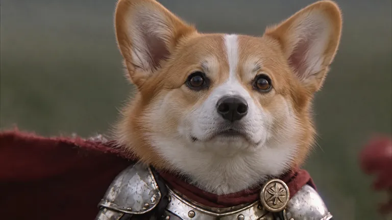 Corgi as a knight cat in silver armor and a red cape
