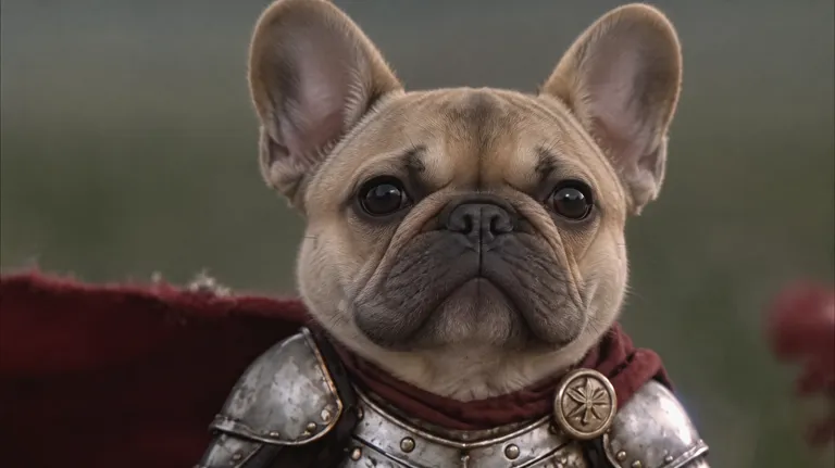 French Bulldog as a knight cat in silver armor and a red cape