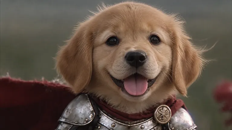 Golden Retriever as a knight cat in silver armor and a red cape
