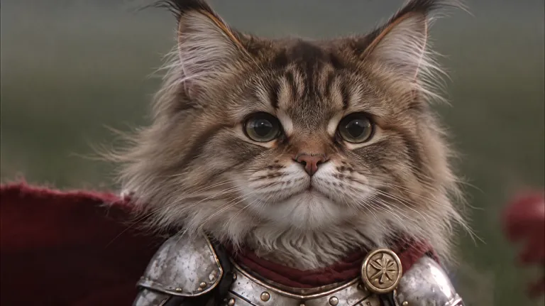 Maine Coon as a knight cat in silver armor and a red cape