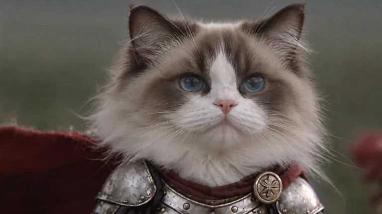 Ragdoll as a knight cat in silver armor and a red cape