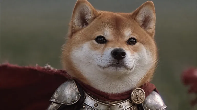 Shiba Inu as a knight cat in silver armor and a red cape