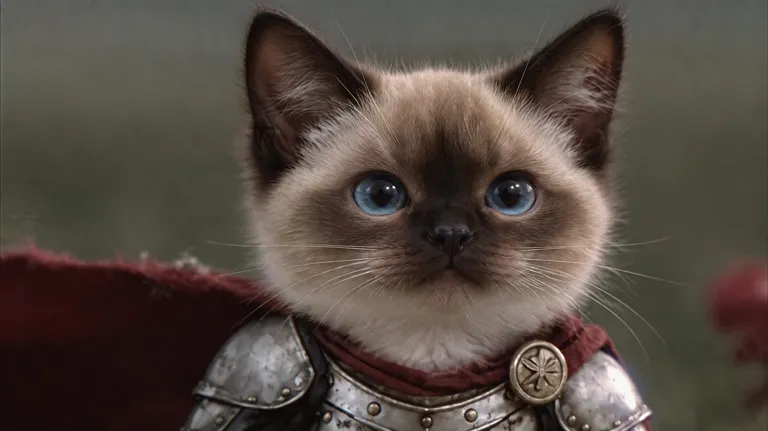 Siamese as a knight cat in silver armor and a red cape