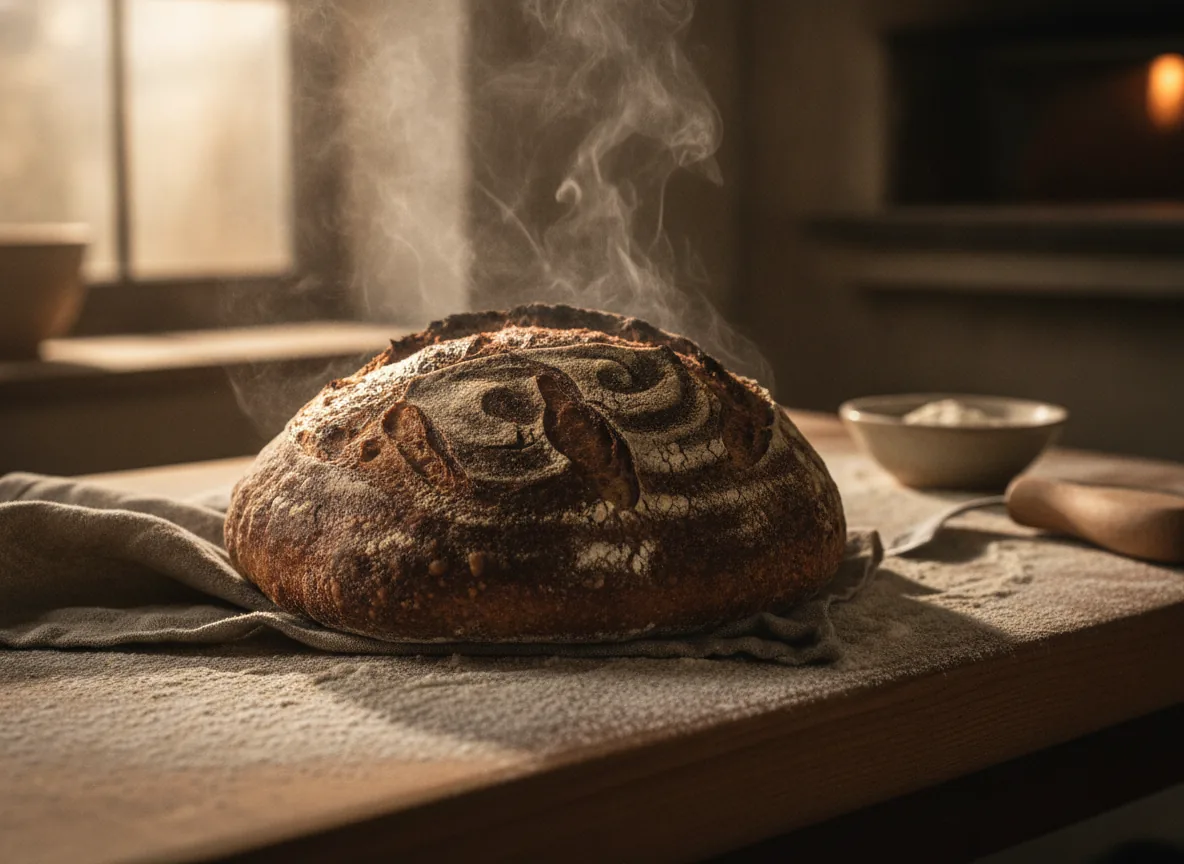 Rustic loaves on a bakery counter