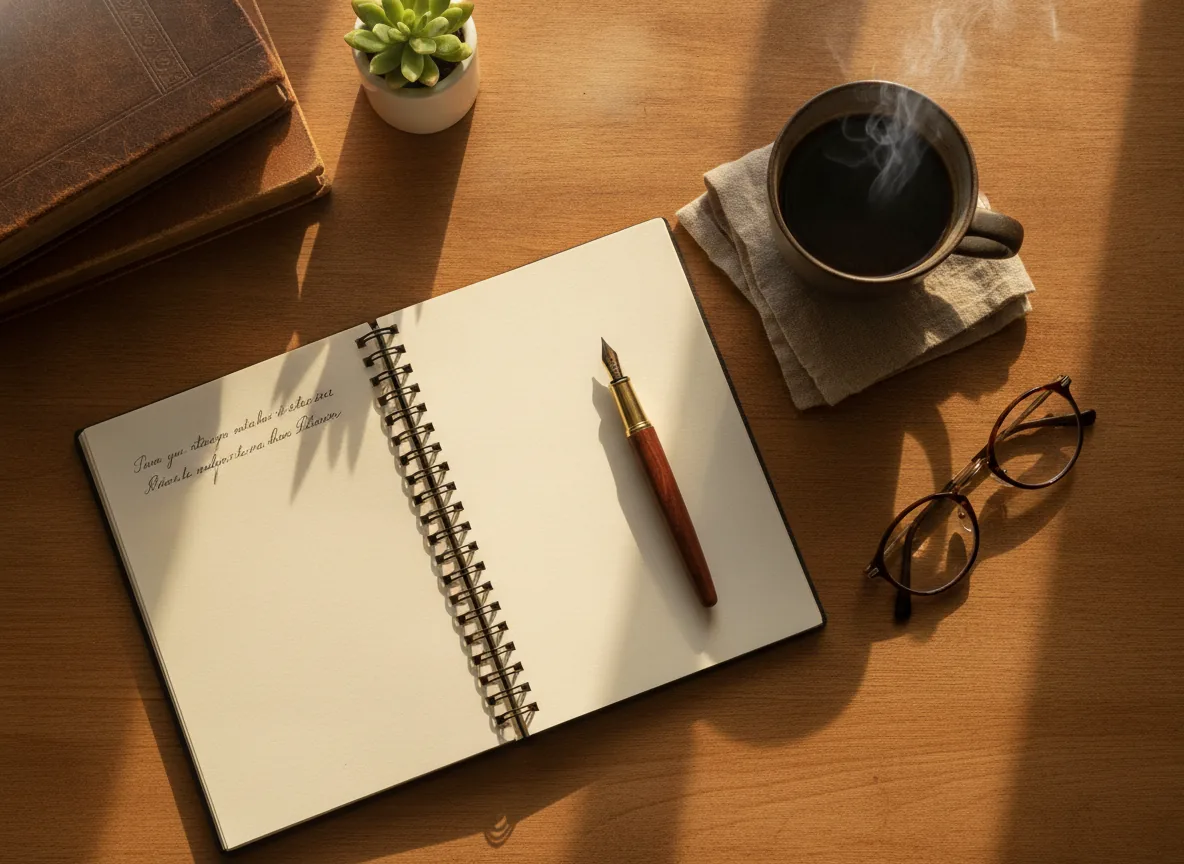 Overhead flat lay of a tidy desk