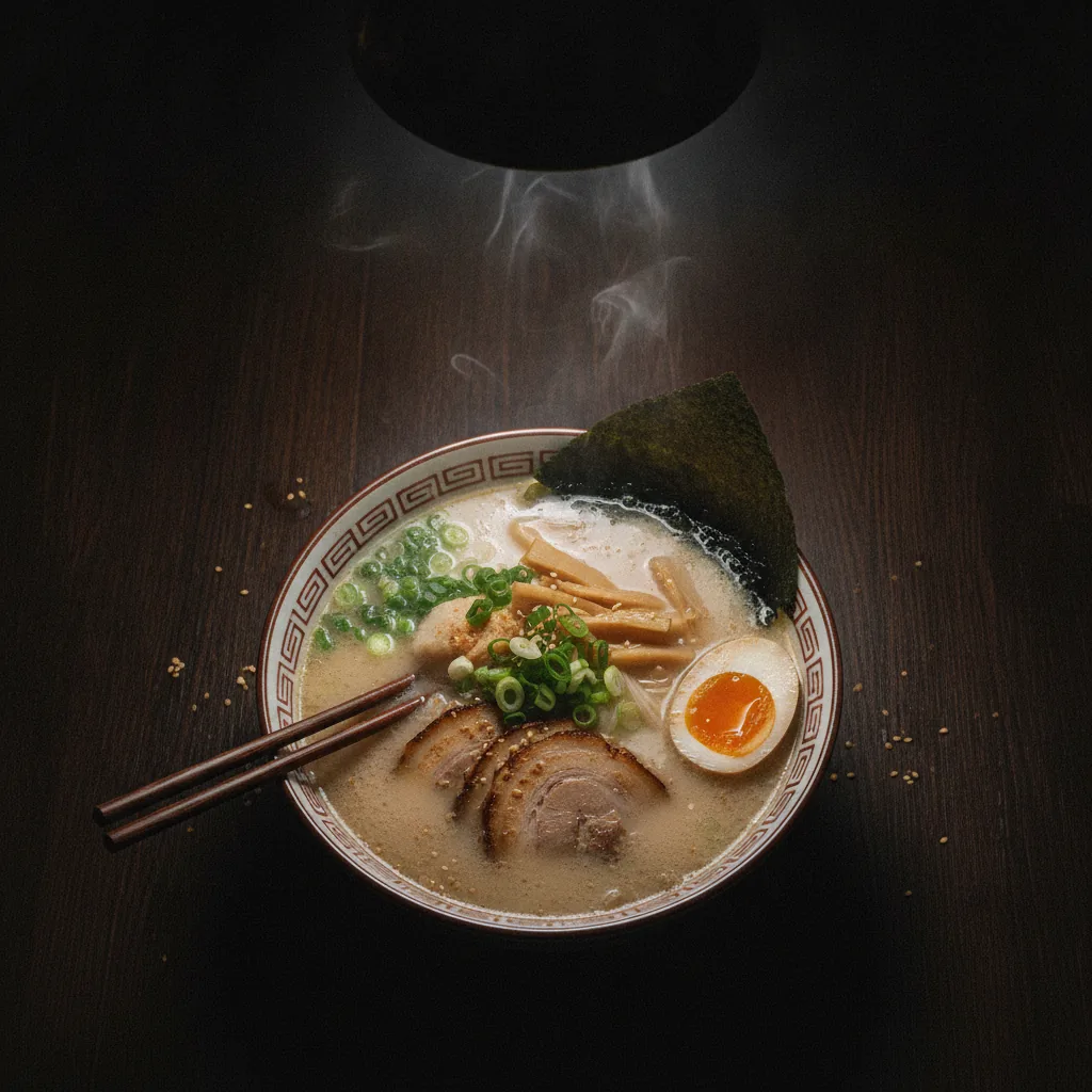Overhead shot of a bowl of tonkotsu ramen on dark wood