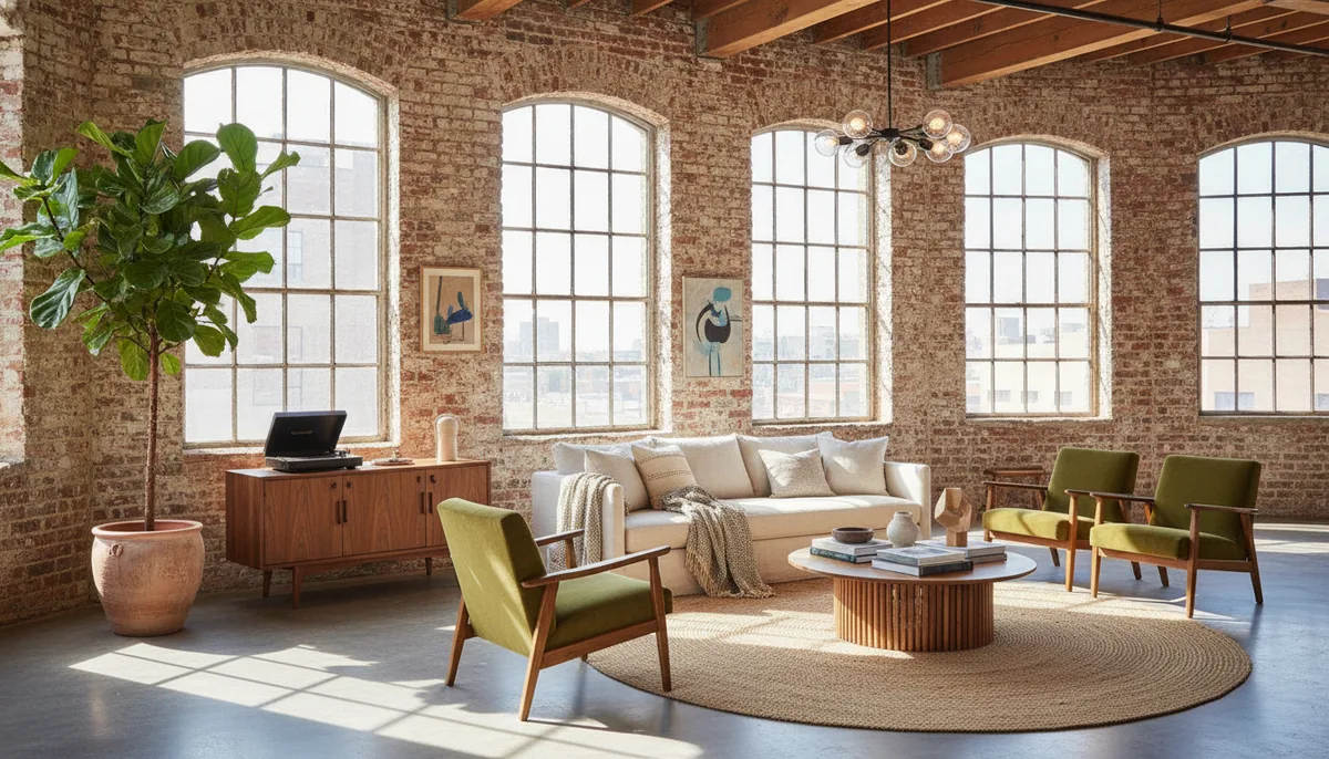 Sunlit loft interior with exposed brick