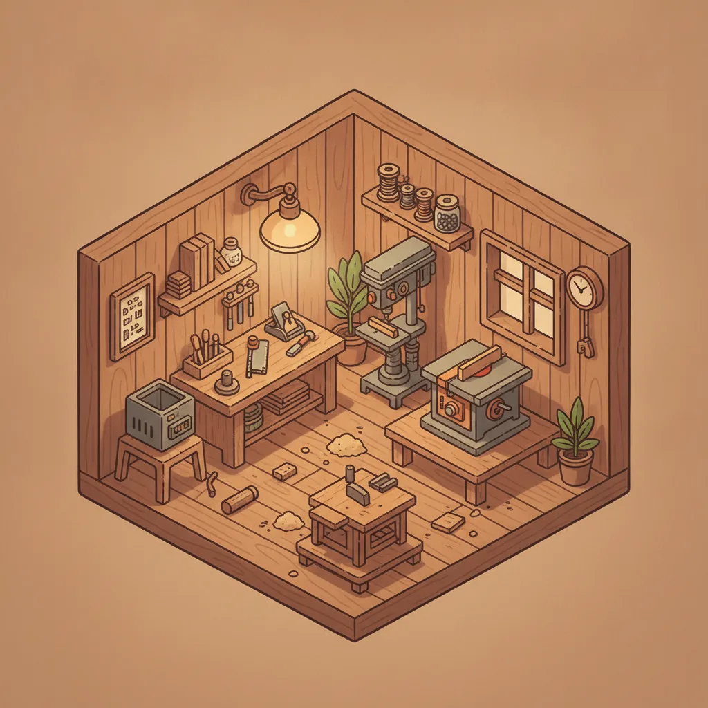 Isometric illustration of a tiny woodworking workshop
