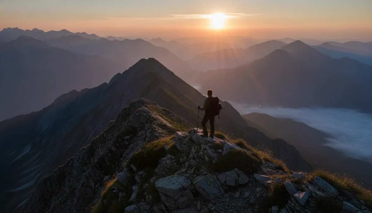 Hiker on a ridge above a sea of clouds