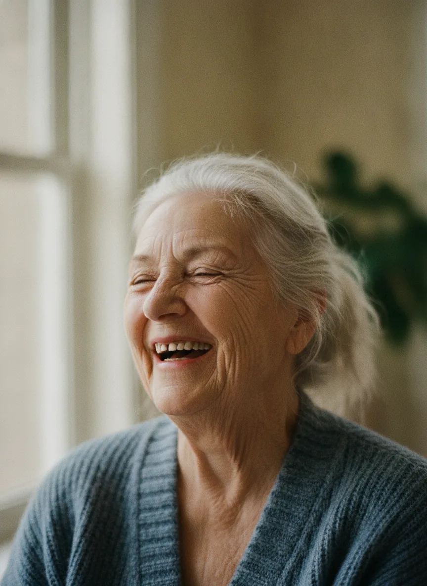 Close-up portrait of an older woman laughing in natural window light