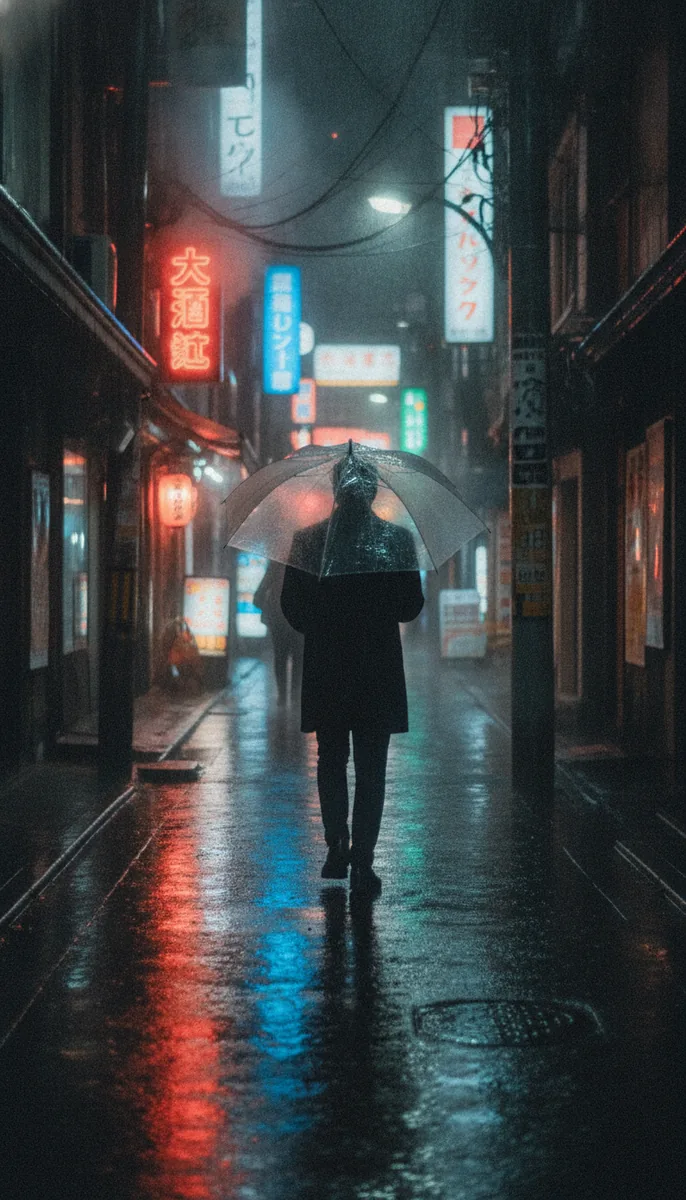 Rain-slick Tokyo alley at night with neon reflections